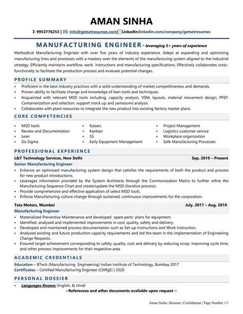 manufacturing engineer resume examples